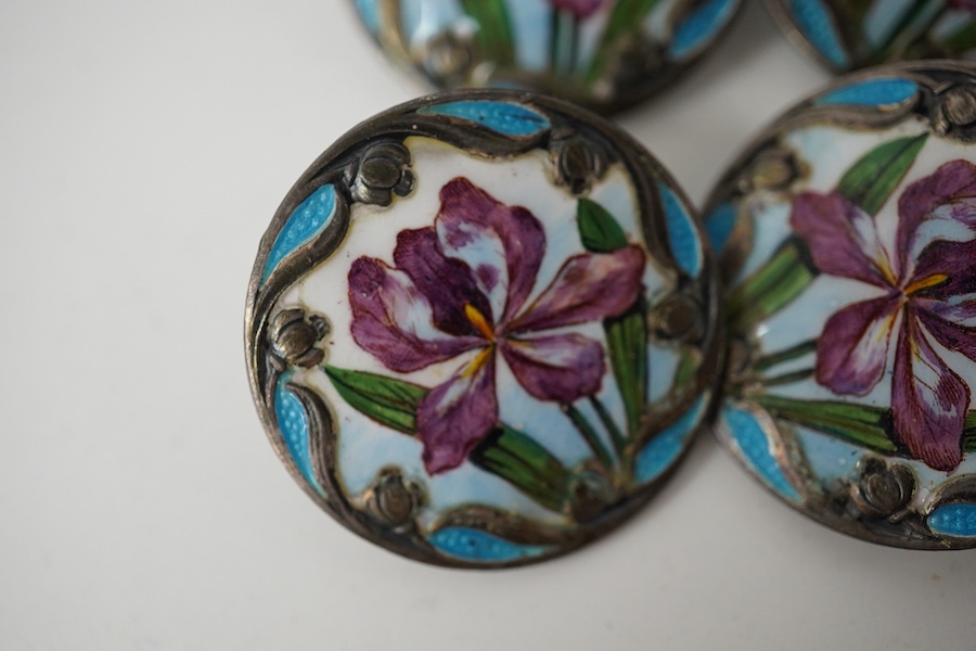 A set of 6 Art Nouveau white metal buttons enamelled with irises, stamped Sterling, 24mm. Condition - good